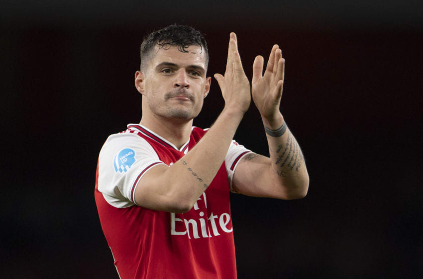 LONDON, ENGLAND - FEBRUARY 16: Granit Xhaka of Arsenal FC applauds the home fans after the Premier League match between Arsenal FC and Newcastle United at Emirates Stadium on February 16, 2020 in London, United Kingdom. (Photo by Visionhaus)