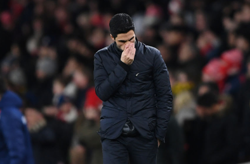 LONDON, ENGLAND - FEBRUARY 27: Mikel Arteta, Manager of Arsenal looks dejected after his team concede a second goal during the UEFA Europa League round of 32 second leg match between Arsenal FC and Olympiacos FC at Emirates Stadium on February 27, 2020 in London, United Kingdom. (Photo by Harriet Lander/Copa/Getty Images)