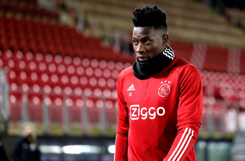 ALKMAAR, NETHERLANDS - JANUARY 20: Andre Onana of Ajax during the Dutch KNVB Beker match between AZ Alkmaar v Ajax at the AFAS Stadium on January 20, 2021 in Alkmaar Netherlands (Photo by Laurens Lindhout/Soccrates/Getty Images)