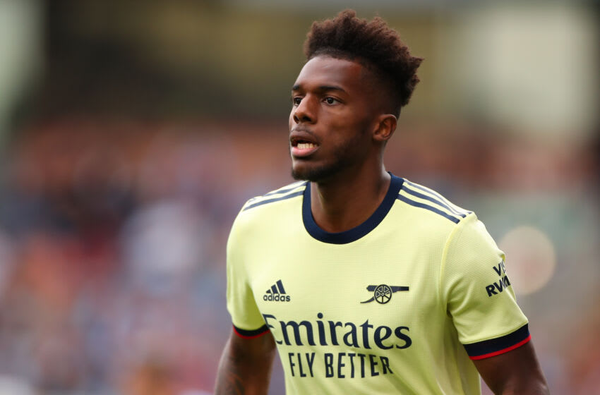 BURNLEY, ENGLAND - SEPTEMBER 18: Nuno Tavares of Arsenal during the Premier League match between Burnley and Arsenal at Turf Moor on September 18, 2021 in Burnley, England. (Photo by Robbie Jay Barratt - AMA/Getty Images)
