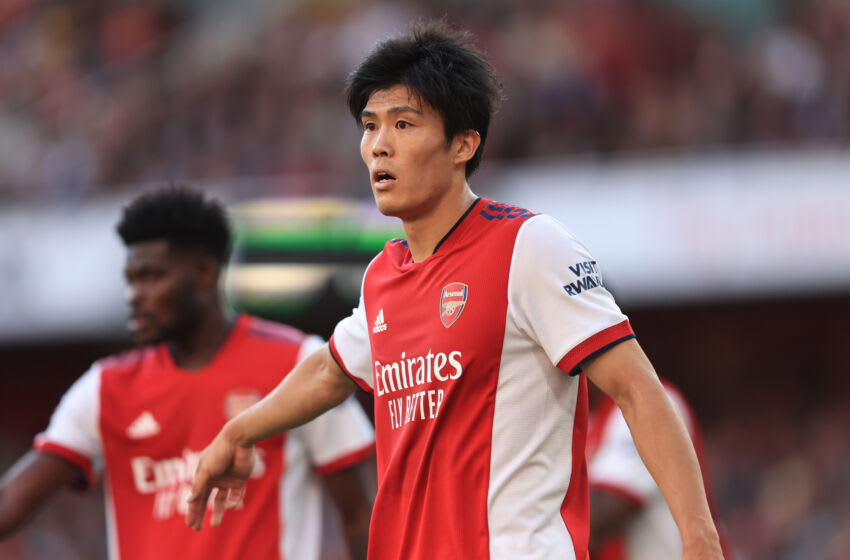 LONDON, ENGLAND - SEPTEMBER 26: Takehiro Tomiyasu of Arsenal during the Premier League match between Arsenal and Tottenham Hotspur at Emirates Stadium on September 26, 2021 in London, England. (Photo by Marc Atkins/Getty Images)