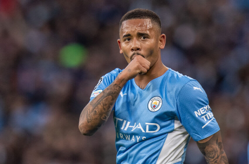 MANCHESTER, ENGLAND - APRIL 26: Gabriel Jesus of Manchester City celebrates after scoring goal during the UEFA Champions League Semi Final Leg One match between Manchester City and Real Madrid at City of Manchester Stadium on April 26, 2022 in Manchester, United Kingdom. (Photo by Sebastian Frej/MB Media/Getty Images)