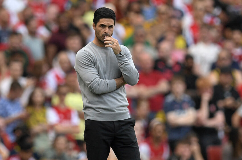 Arsenal's Spanish manager Mikel Arteta gestures during the English Premier League football match between Arsenal and Everton at the Emirates Stadium in London on May 22, 2022. - - RESTRICTED TO EDITORIAL USE. No use with unauthorized audio, video, data, fixture lists, club/league logos or 'live' services. Online in-match use limited to 120 images. An additional 40 images may be used in extra time. No video emulation. Social media in-match use limited to 120 images. An additional 40 images may be used in extra time. No use in betting publications, games or single club/league/player publications. (Photo by Daniel LEAL / AFP) / RESTRICTED TO EDITORIAL USE. No use with unauthorized audio, video, data, fixture lists, club/league logos or 'live' services. Online in-match use limited to 120 images. An additional 40 images may be used in extra time. No video emulation. Social media in-match use limited to 120 images. An additional 40 images may be used in extra time. No use in betting publications, games or single club/league/player publications. / RESTRICTED TO EDITORIAL USE. No use with unauthorized audio, video, data, fixture lists, club/league logos or 'live' services. Online in-match use limited to 120 images. An additional 40 images may be used in extra time. No video emulation. Social media in-match use limited to 120 images. An additional 40 images may be used in extra time. No use in betting publications, games or single club/league/player publications. (Photo by DANIEL LEAL/AFP via Getty Images)