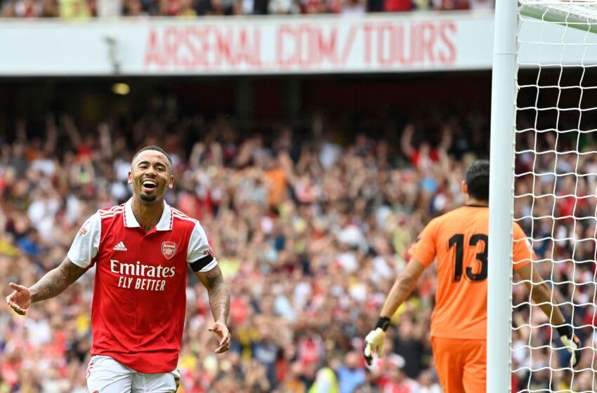 Arsenal's Brazilian forward Gabriel Jesus celebrates after scoring his team third goal during a club friendly football match between Arsenal and Sevilla at the Emirates Stadium in London on July 30, 2022. (Photo by JUSTIN TALLIS / AFP) (Photo by JUSTIN TALLIS/AFP via Getty Images)