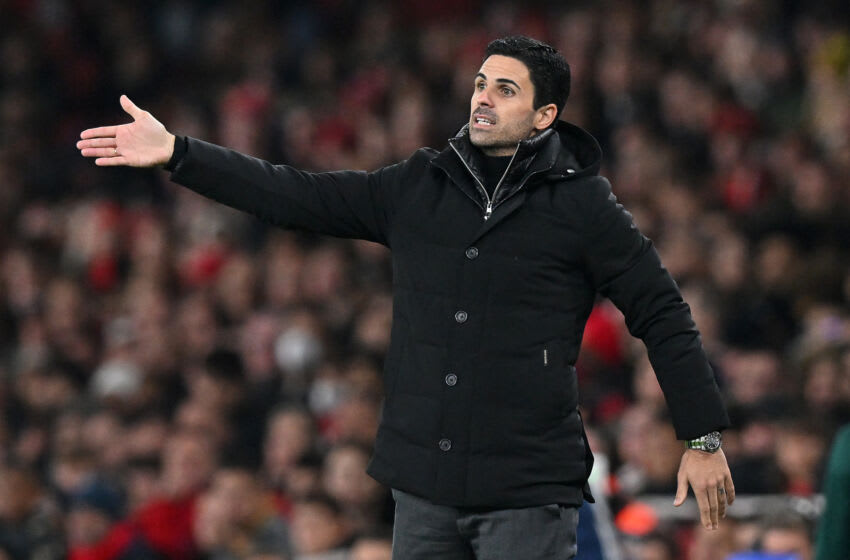 Arsenal's Spanish manager Mikel Arteta reacts during the UEFA Europa League Group A football match between Arsenal and FC Zurich at The Arsenal Stadium in London, on November 3, 2022. (Photo by Glyn KIRK / AFP) (Photo by GLYN KIRK/AFP via Getty Images)