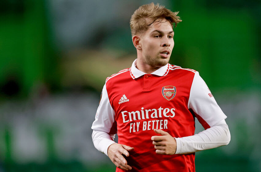 LISBON, PORTUGAL - MARCH 9: Emile Smith Rowe of Arsenal during the UEFA Europa League match between Sporting CP v Arsenal at the Estadio Jose Alvalade on March 9, 2023 in Lisbon Portugal (Photo by Eric Verhoeven/Soccrates/Getty Images)