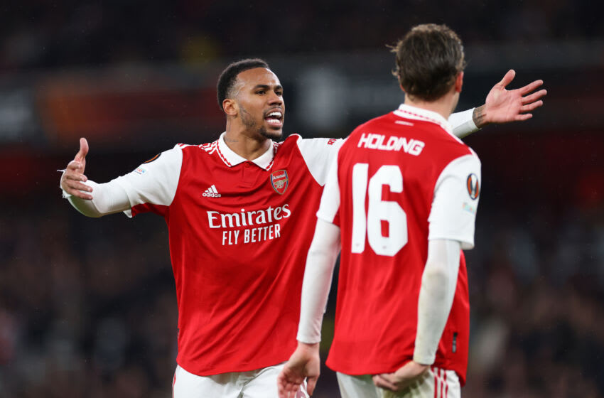LONDON, ENGLAND - MARCH 16: Gabriel Magalhaes and Rob Holding of Arsenal during the UEFA Europa League round of 16 leg two match between Arsenal FC and Sporting CP at Emirates Stadium on March 16, 2023 in London, United Kingdom. (Photo by Marc Atkins/Getty Images)