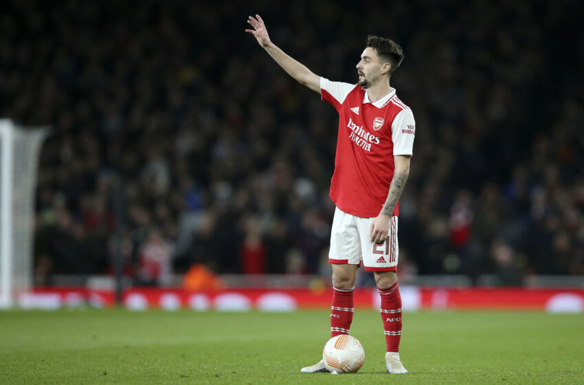 LONDON, ENGLAND - MARCH 16: Fabio Vieira of Arsenal pointing during the UEFA Europa League round of 16 leg two match between Arsenal FC and Sporting CP at Emirates Stadium on March 16, 2023 in London, England. (Photo by Nigel French/Sportsphoto/Allstar via Getty Images)