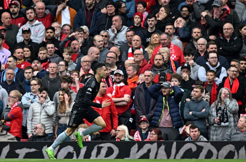 Arsenal's Brazilian midfielder Gabriel Martinelli celebrates scoring the opening goal during the English Premier League football match between Liverpool and Arsenal at Anfield in Liverpool, north west England on April 9, 2023. (Photo by Paul ELLIS / AFP) / RESTRICTED TO EDITORIAL USE. No use with unauthorized audio, video, data, fixture lists, club/league logos or 'live' services. Online in-match use limited to 120 images. An additional 40 images may be used in extra time. No video emulation. Social media in-match use limited to 120 images. An additional 40 images may be used in extra time. No use in betting publications, games or single club/league/player publications. / (Photo by PAUL ELLIS/AFP via Getty Images)