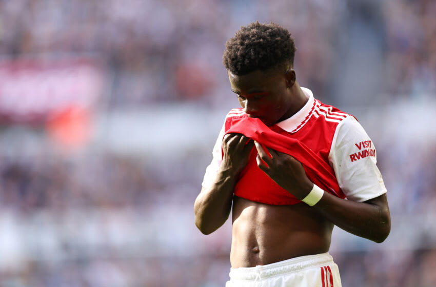 NEWCASTLE, ENGLAND - MAY 7: Bukayo Saka of Arsenal during the Premier League match between Newcastle United and Arsenal FC at St. James Park on May 7, 2023 in Newcastle upon Tyne, United Kingdom.