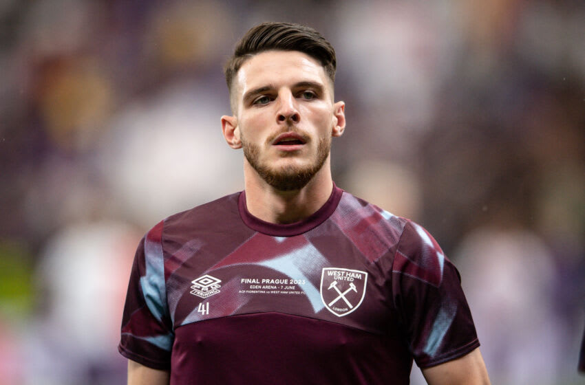 PRAGUE, CZECH REPUBLIC - JUNE 7: Declan Rice of West Ham United during the Europa Conference Football League final soccer match between West Ham United and Fiorentina, at the Fortuna Arena in Prague, Czech Republic on June 7, 2023. (Photo by Lukas Kabon/Anadolu Agency via Getty Images)