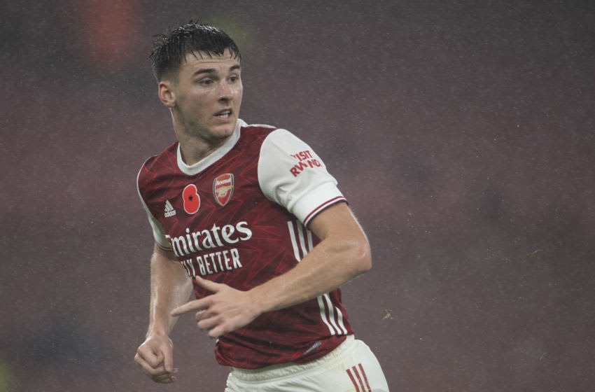 LONDON, ENGLAND - NOVEMBER 08: Kieran Tierney of Arsenal during the Premier League match between Arsenal and Aston Villa at Emirates Stadium on November 08, 2020 in London, England. Sporting stadiums around the UK remain under strict restrictions due to the Coronavirus Pandemic as Government social distancing laws prohibit fans inside venues resulting in games being played behind closed doors. (Photo by Visionhaus)