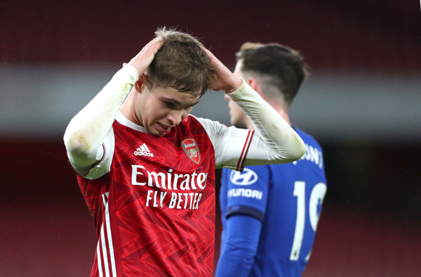 LONDON, ENGLAND - DECEMBER 26: Emile Smith Rowe reacts during the Premier League match between Arsenal and Chelsea at Emirates Stadium on December 26, 2020 in London, England. The match will be played without fans, behind closed doors as a Covid-19 precaution. (Photo by Chloe Knott - Danehouse/Getty Images)