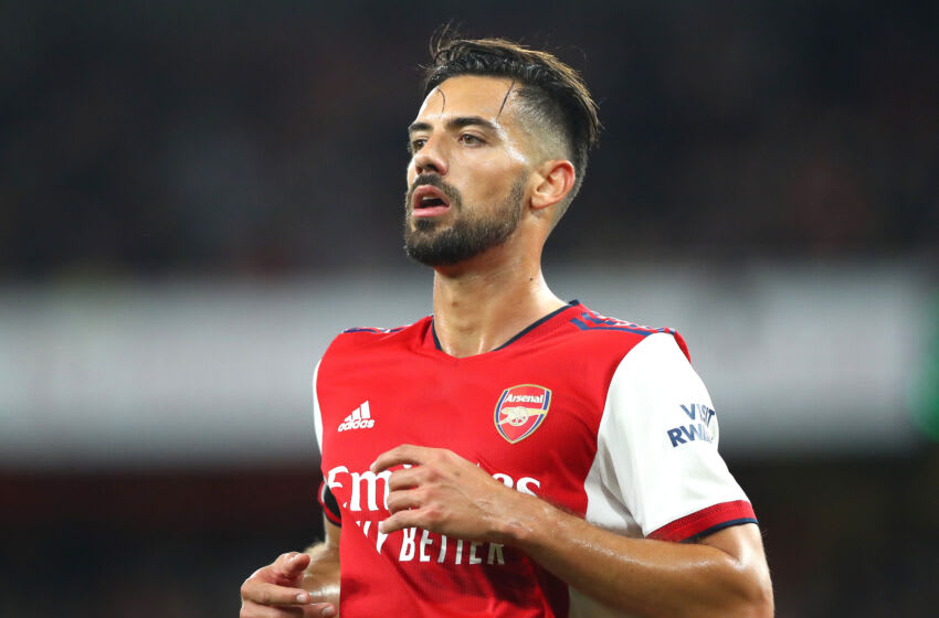 LONDON, ENGLAND - SEPTEMBER 22: Pablo Mari of Arsenal looks on during the Carabao Cup Third Round match between Arsenal and AFC Wimbledon at Emirates Stadium on September 22, 2021 in London, England. (Photo by Chloe Knott - Danehouse/Getty Images)