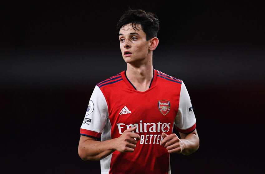 LONDON, ENGLAND - OCTOBER 01: Charlie Patino of Arsenal looks on during the Premier League 2 match between Arsenal U23 and Brighton & Hove Albion U23 at Emirates Stadium on October 01, 2021 in London, England. (Photo by Alex Burstow/Getty Images)