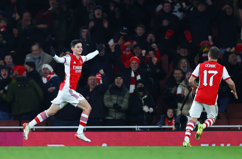 LONDON, ENGLAND - DECEMBER 21: Charlie Patino of Arsenal (L) celebrates after scoring their team's fifth goal during the Carabao Cup Quarter Final match between Arsenal and Sunderland at Emirates Stadium on December 21, 2021 in London, England. (Photo by Julian Finney/Getty Images)