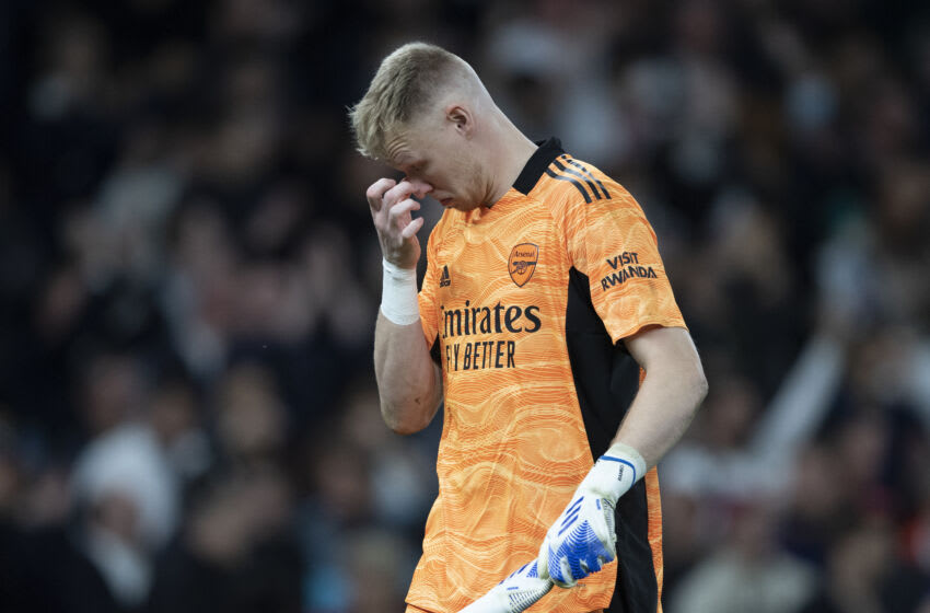 LONDON, ENGLAND - MAY 12: Aaron Ramsdale of Arsenal areacts to defeat after the Premier League match between Tottenham Hotspur and Arsenal at Tottenham Hotspur Stadium on May 12, 2022 in London, England. (Photo by Visionhaus/Getty Images)