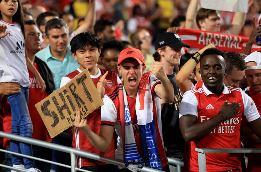 ORLANDO, FLORIDA - JULY 23: Arsenal fans show their support during the Florida Cup match between Arsenal and Chelsea at Camping World Stadium on July 23, 2022 in Orlando, Florida. (Photo by Sam Greenwood/Getty Images)