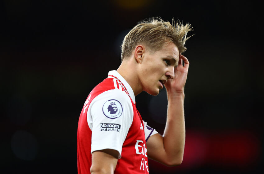 LONDON, ENGLAND - AUGUST 31: Martin Odegaard of Arsenal looks on during the Premier League match between Arsenal FC and Aston Villa at Emirates Stadium on August 31, 2022 in London, England. (Photo by Chloe Knott - Danehouse/Getty Images)
