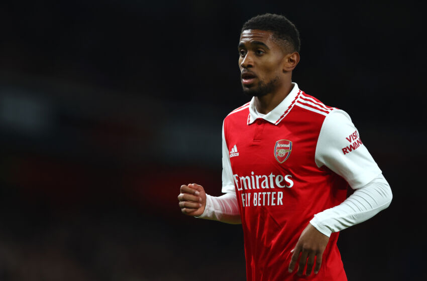 LONDON, ENGLAND - OCTOBER 20: Reiss Nelson of Arsenal looks on during the UEFA Europa League group A match between Arsenal FC and PSV Eindhoven at Emirates Stadium on October 20, 2022 in London, England. (Photo by Chloe Knott - Danehouse/Getty Images)