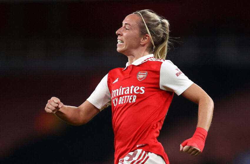 LONDON, ENGLAND - OCTOBER 27: Jordan Nobbs of Arsenal celebrates after scoring their side's first goal during the UEFA Women's Champions League group C match between Arsenal and FC Zürich at Emirates Stadium on October 27, 2022 in London, England. (Photo by Julian Finney/Getty Images)
