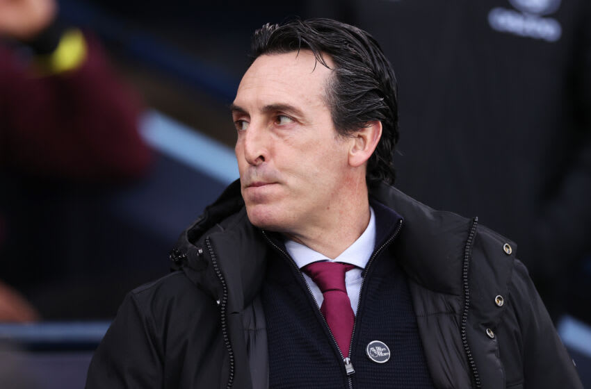 MANCHESTER, ENGLAND - FEBRUARY 12: Unai Emery, Manager of Aston Villa, reacts prior to the Premier League match between Manchester City and Aston Villa at Etihad Stadium on February 12, 2023 in Manchester, England. (Photo by Ryan Pierse/Getty Images)