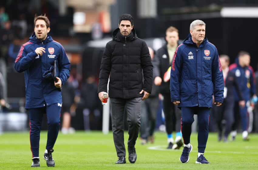LONDON, ENGLAND - MARCH 12: Mikel Arteta, Manager of Arsenal, looks on prior to the Premier League match between Fulham FC and Arsenal FC at Craven Cottage on March 12, 2023 in London, England. (Photo by Clive Rose/Getty Images)