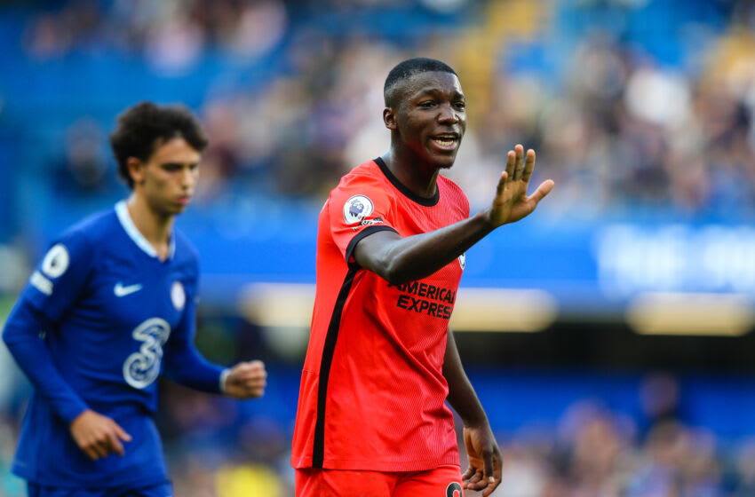 LONDON, ENGLAND - APRIL 15: Moises Caicedo of Brighton & Hove Albion gestures during the Premier League match between Chelsea FC and Brighton & Hove Albion at Stamford Bridge on April 15, 2023 in London, United Kingdom. (Photo by Craig Mercer/MB Media/Getty Images)