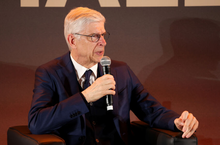 LONDON, ENGLAND - MAY 03: Arsene Wenger speaks during a Premier League Hall of Fame event on May 03, 2023 in London, England. (Photo by Tom Dulat/Getty Images)