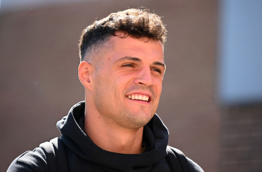 NOTTINGHAM, ENGLAND - MAY 20: Granit Xhaka of Arsenal arrives at the stadium prior to the Premier League match between Nottingham Forest and Arsenal FC at City Ground on May 20, 2023 in Nottingham, England. (Photo by Clive Mason/Getty Images)