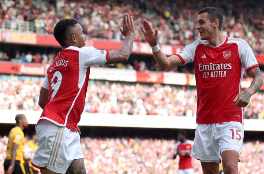 LONDON, ENGLAND - MAY 28: Gabriel Jesus of Arsenal celebrates with team mate Jakub Kiwior after scoring their sides fourth goal during the Premier League match between Arsenal FC and Wolverhampton Wanderers at Emirates Stadium on May 28, 2023 in London, England. (Photo by Catherine Ivill/Getty Images)