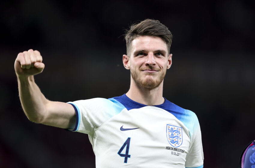 MANCHESTER, ENGLAND - JUNE 19: Declan Rice of England after his sides 7-0 win during the UEFA EURO 2024 qualifying round group C match between England and North Macedonia at Old Trafford on June 19, 2023 in Manchester, England. (Photo by Robin Jones/Getty Images)