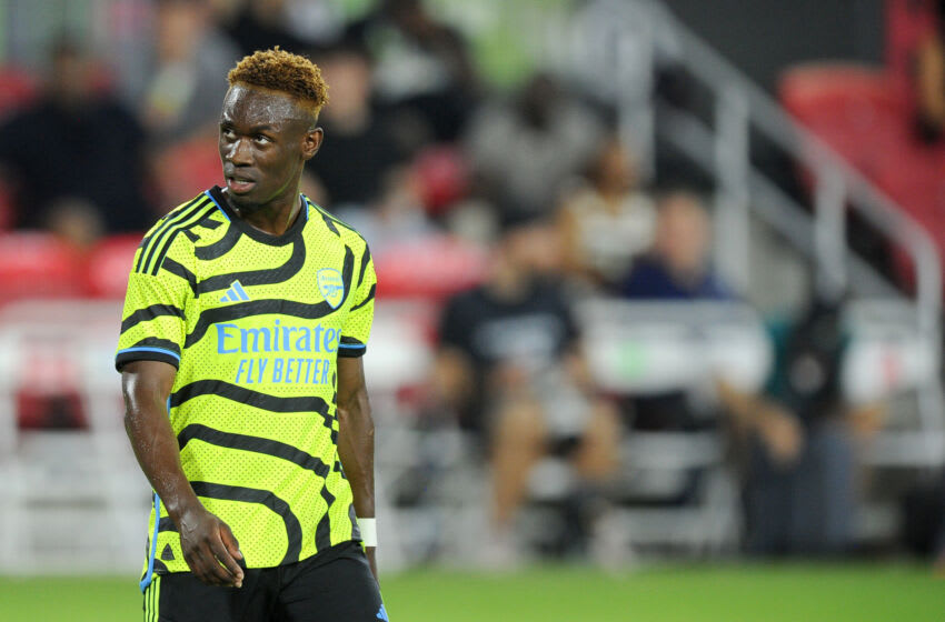 WASHINGTON, DC - JULY 19: Folarin Balogun #26 of Arsenal F.C.looks on at a play during a game between Arsenal and Major League Soccer at Audi Field on July 19, 2023 in Washington, DC. (Photo by Jose L Argueta/ISI Photos/Getty Images)