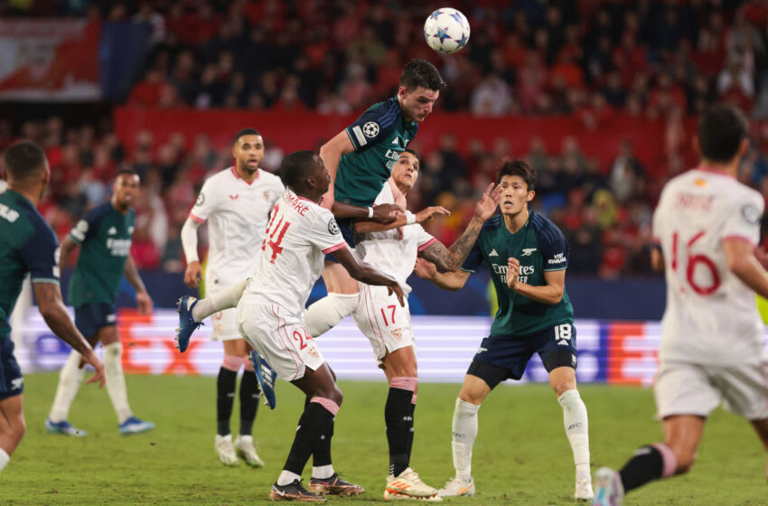 SEVILLE, SPAIN - OCTOBER 24:
Declan Rice of Arsenal FC in action during the UEFA Champions League match between Sevilla FC and Arsenal FC at Estadio Ramon Sanchez Pizjuan on October 24, 2023 in Seville, Spain. (Photo by MB Media/Getty Images)