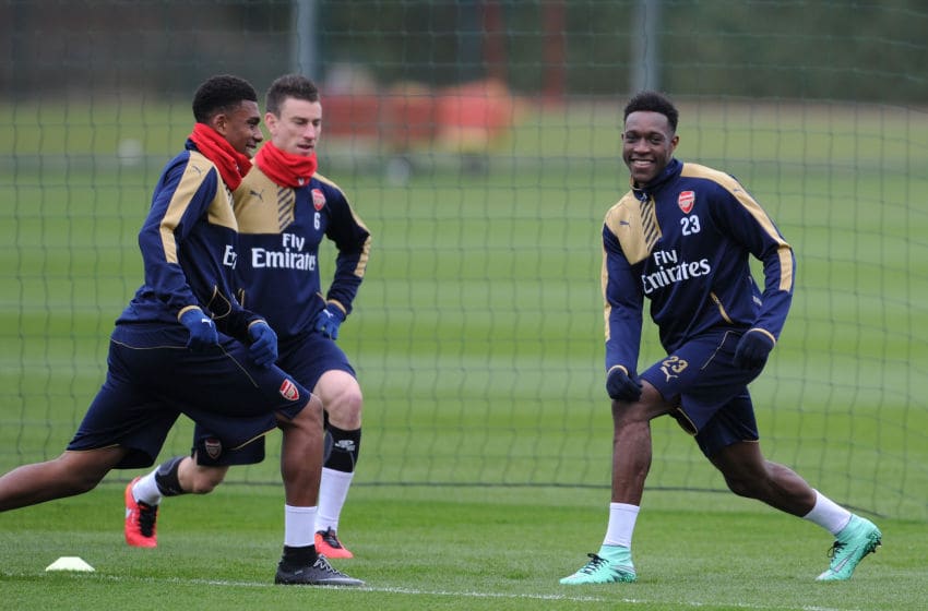 ST ALBANS, ENGLAND - MARCH 18: (L-R) Alex Iwobi and Danny Welbeck of Arsenal during a training session at London Colney on March 18, 2016 in St Albans, England. (Photo by Stuart MacFarlane/Arsenal FC via Getty Images)