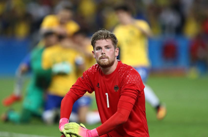RIO DE JANEIRO, BRAZIL - AUGUST 20: Timo Horn of Germany reacts after losing in the Men's Football Final between Brazil and Germany at the Maracana Stadium on Day 15 of the Rio 2016 Olympic Games on August 20, 2016 in Rio de Janeiro, Brazil. (Photo by Clive Mason/Getty Images)