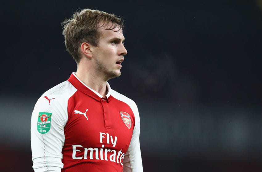 LONDON, ENGLAND - DECEMBER 19: Rob Holding of Arsenal in action during the Carabao Cup Quarter Finals match between Arsenal and West Ham United at Emirates Stadium on December 19, 2017 in London, England. (Photo by Julian Finney/Getty Images)