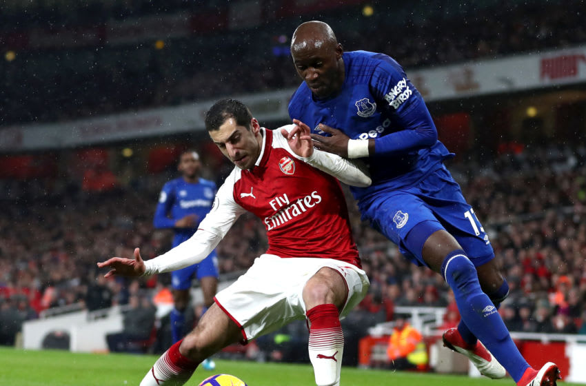 LONDON, ENGLAND - FEBRUARY 03: Henrikh Mkhitaryan of Arsenal battles for possesion with Eliaquim Mangala of Everton during the Premier League match between Arsenal and Everton at Emirates Stadium on February 3, 2018 in London, England. (Photo by Catherine Ivill/Getty Images)