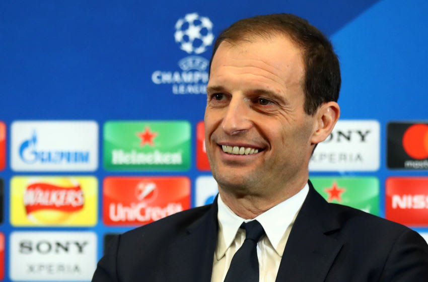 LONDON, ENGLAND - MARCH 06: Massimiliano Allegri, Coach of Juventus speaks to the media during the Juventus press conference at Wembley Stadium on March 6, 2018 in London, England. (Photo by Julian Finney/Getty Images)