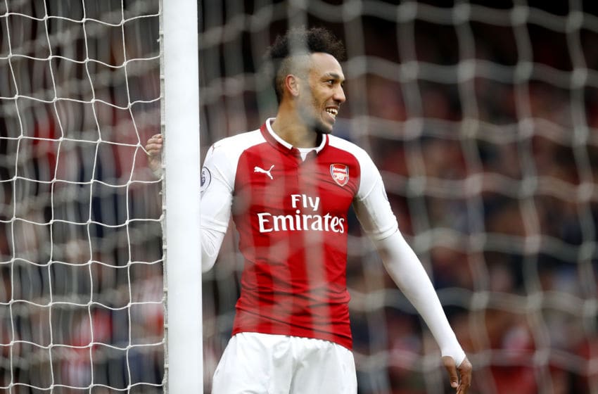 LONDON, ENGLAND - MARCH 11: Pierre-Emerick Aubameyang of Arsenal reacts during the Premier League match between Arsenal and Watford at Emirates Stadium on March 11, 2018 in London, England. (Photo by Julian Finney/Getty Images)