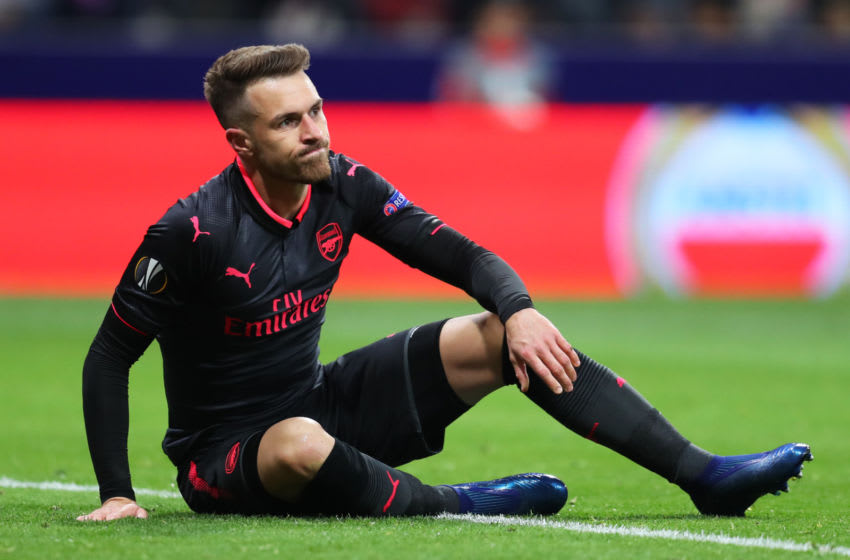 MADRID, SPAIN - MAY 03: Aaron Ramsey of Arsenal reacts during the UEFA Europa League Semi Final second leg match between Atletico Madrid and Arsenal FC at Estadio Wanda Metropolitano on May 3, 2018 in Madrid, Spain. (Photo by Catherine Ivill/Getty Images)